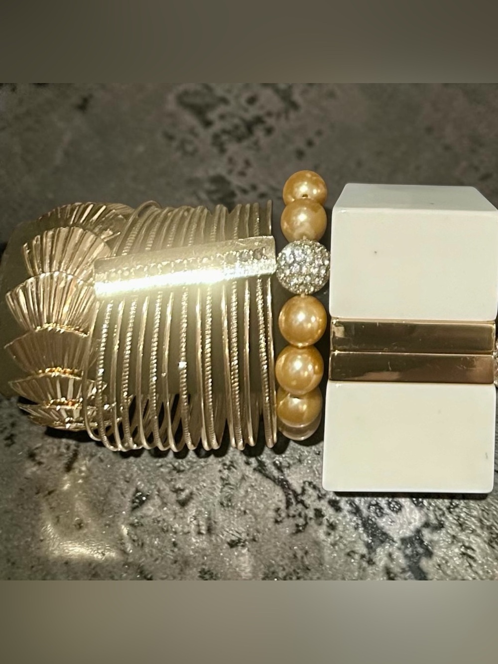 Chunky Gold Statement Bracelet Stack • White Acrylic Geometric Cuff & Pearls Set